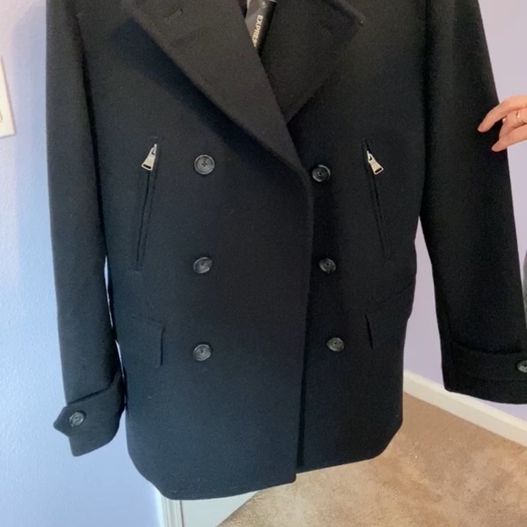 Y2K Express wool pea coat black classic double breasted biased zippered pockets - Picture 2 of 16